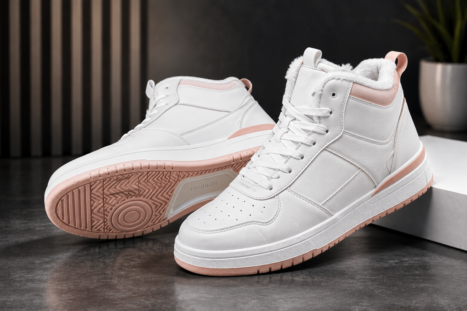 Women’s Cozy Winter High-Top Sneakers – White & Light Pink image 3